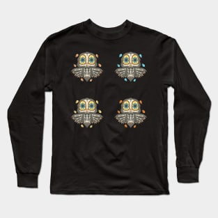 Colorful Grey Orange Beige Yellow Blue Owl Day of the Dead Skeleton Long Sleeve T-Shirt